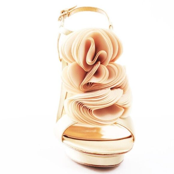 Badgley Mischka Shoes - Badgley Mischka Heels Womens Randee Ruffle Flower Ankle Strap in Gold Satin